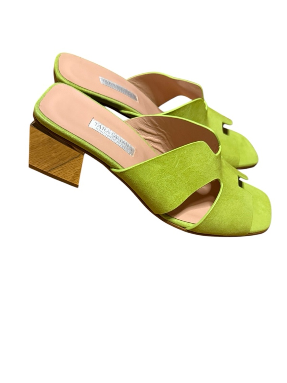 Tara Grinna Green Suede Open-Toe Block Heel Mules NWOT